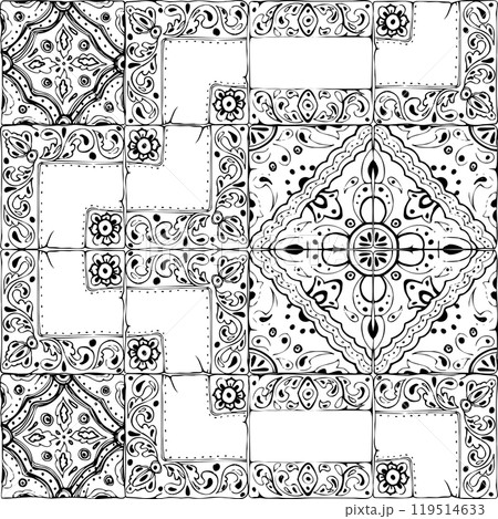 Mexican Arabic Mediterranean Moroccan mosaic motif, azulejo wall floor tile glazed ornament. Isolated seamless pattern Hand drawn ink vector illustration. Design architecture, brochure, home decor Mexican Arabic Mediterranean Moroccan mosaic motif, azulejo wall floor tile glazed ornament. Isolated seamless pattern Hand drawn ink vector illustration. Design architecture, brochure, home decor 119514633