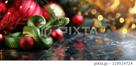 Festive green snake amidst new year red and gold decorations - perfect for holiday themes 119514724