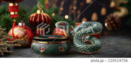 Festive green ceramic snake ornament with red eyes and golden scales for holiday decor 119514736