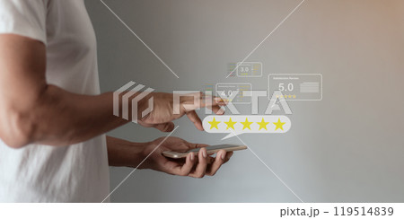 Young Man hand using smartphone mobile touch five star to review and give 5 stars  119514839