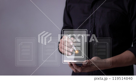 Young man with smartphone mobile hand hold a pen touching to sign a business contract online 119514840