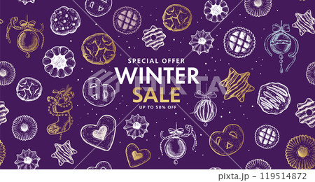 Christmas Cookie and ball set, Hand drawn illustration.	 119514872