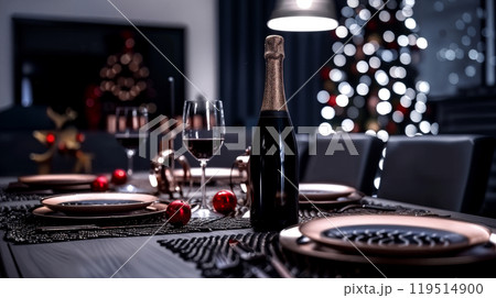 Elegant holiday table setting with champagne and festive decor for christmas celebration 119514900