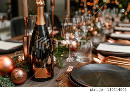 Elegant holiday celebration with champagne and festive table decor 119514901