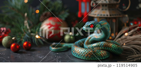 Festive holiday decor with ceramic snake and red accents for christmas design 119514905