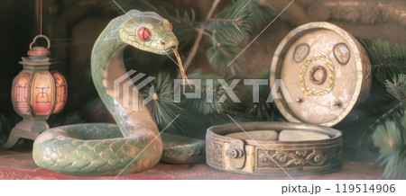 Vintage green ceramic snake figurine with red eyes and golden accents for holiday decor 119514906