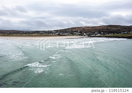 Aerial view of Narin beach during a misty and hazy winter day - Portnoo, County Donegal, Ireland 119515124