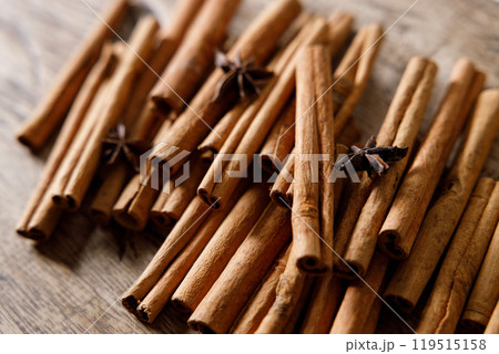 cinnamon sticks on wooden background 119515158