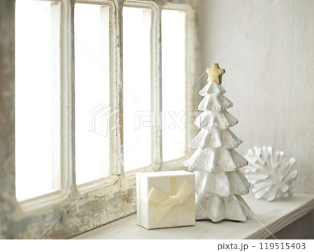 明るい窓辺に置かれたクリスマスツリーとプレゼントボックス 明るい窓辺に置かれたクリスマスツリーとプレゼントボックス 119515403