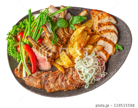 platter of different kebabs from chicken fillet, pork kebab of veal isolated on white background. Top view 119515598