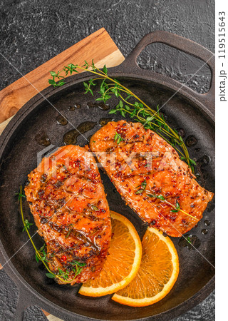 Roasted Duck breast with oranges and thyme. Thanksgiving dinner. top view Roasted Duck breast with oranges and thyme. Thanksgiving dinner. top view 119515643
