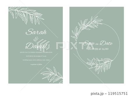 Olive Save the date Wedding Card Template with Olive Branches and fruits Wreath. Hand drawn Vector floral Illustration in white and pale green colors. Minimalistic style. 119515751