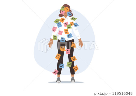 Importance of multitasking causes stress for business woman, with stickers on face and body 119516049