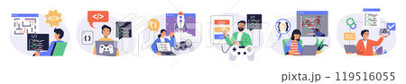 Video game developer concept set with characters in flat design for web. People write code for different computer games, programming at screens, testing interface with joystick. Vector illustrations. Video game developer concept set with characters in flat design for web. People write code for different computer games, programming at screens, testing interface with joystick. Vector illustrations. 119516055