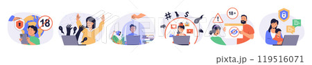 Internet cyber safety for kids concept set with characters in flat design for web. People protecting children online privacy with parental control software, block danger content. Vector illustrations. Internet cyber safety for kids concept set with characters in flat design for web. People protecting children online privacy with parental control software, block danger content. Vector illustrations. 119516071