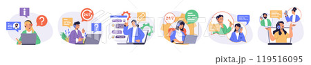 Call center concept set with characters in flat design for web. People work as operators in support service, answering calls and online messages, consulting and helping clients. Vector illustrations. Call center concept set with characters in flat design for web. People work as operators in support service, answering calls and online messages, consulting and helping clients. Vector illustrations. 119516095
