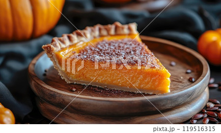 A piece of homemade traditional American pumpkin pie on a wooden background 119516315