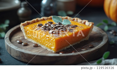 A piece of homemade traditional American pumpkin pie on a wooden background 119516316
