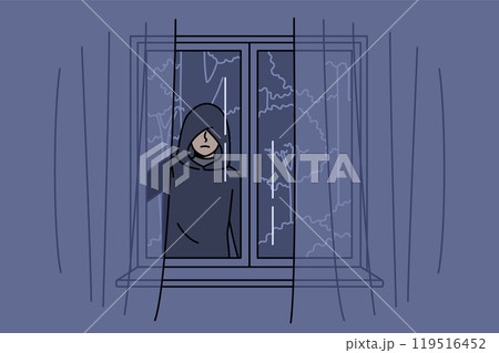 Stalker peers out of apartment window at night, causing fear due to violation of personal space 119516452