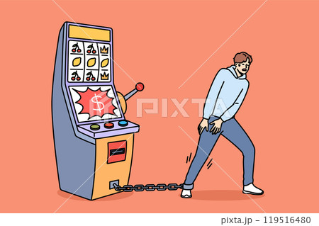 Gambling addiction of man tied with chain to slot machine made guy hostage to casino 119516480