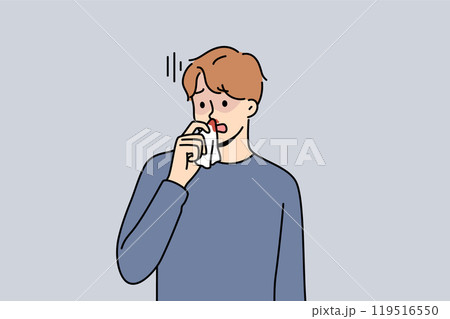 Blood from nose in sick man suffering from intracranial pressure or dangerous virus 119516550