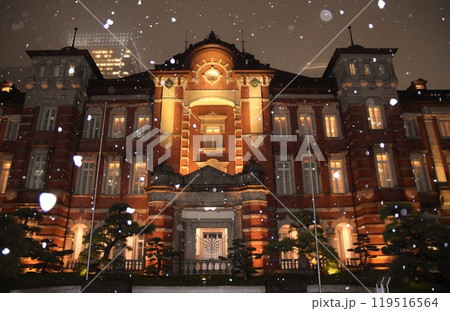 雪の降る東京駅　 119516564