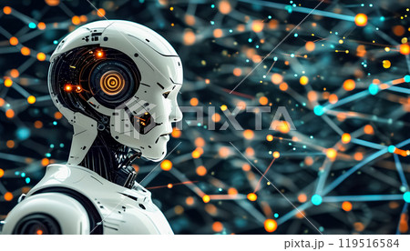 Futuristic humanoid robot profile against a network of glowing data points, showcasing advanced technology and artificial intelligence. 119516584