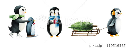 Set of cute smiling penguins with cup of Christmas cocoa, coffee with whipped cream and a candy cane. Skates with support. Winter, sport lesson. Learn to Ice Skate, watercolor hand painted 119516585