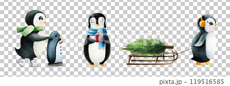 Set of cute smiling penguins with cup of Christmas cocoa, coffee with whipped cream and a candy cane. Skates with support. Winter, sport lesson. Learn to Ice Skate, watercolor hand painted 119516585