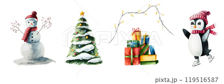 Cute smiling penguin skates. Christmas tree in the snow with toys, balls. Snowman in a red hat and scarf, nose carrot, hands branches with berries. Christmas north animal, watercolor hand painted 119516587