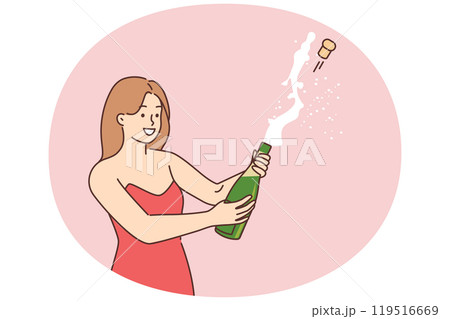 Young girl opening a bottle of champagne 119516669