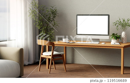 Modern Minimalist Workspace with Natural Greenery 3D Render. 119516689