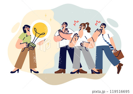 Business people reject idea of colleague standing with large light bulb in hands 119516695