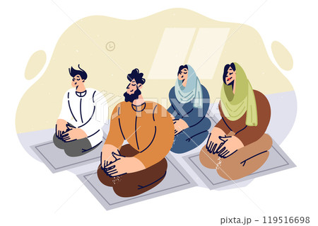 Praying muslim young family kneels on friday prayer mats, saying islamic prayer. 119516698