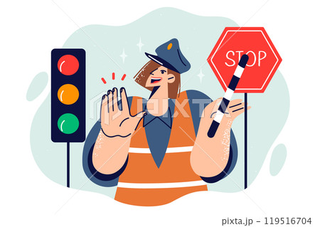 Woman traffic controller shows stop gesture, standing near traffic light for cars. 119516704