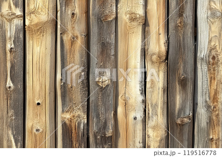Natural wooden texture with varying shades and knots displayed in a rustic setting perfect for 119516778