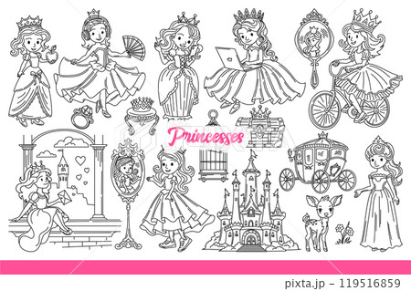 Little princesses in crown and beautiful dress, near fairytale castles or mirrors. Hand drawn. 119516859