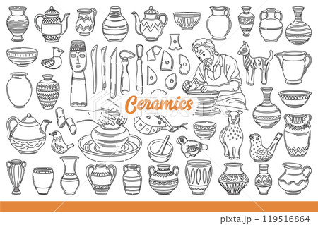 Handmade ceramic dishes, molded from natural clay and decorated by artist. Hand drawn. Handmade ceramic dishes, molded from natural clay and decorated by artist. Hand drawn. 119516864