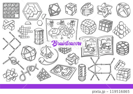 Brainteasers and jigsaw for children games and development of logical thinking in kids. Hand drawn. 119516865