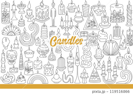 Candles with burning fetil for decorating festive table and creating romantic atmosphere. Hand drawn Candles with burning fetil for decorating festive table and creating romantic atmosphere. Hand drawn 119516866