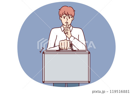 Business man holds suitcase and calls for silence without disclosing terms of contract and NDA rules Business man holds suitcase and calls for silence without disclosing terms of contract and NDA rules 119516881