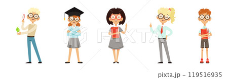 Smart Kid Nerd with Book in Glasses Vector Set 119516935