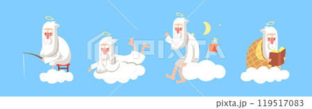 Funny Bearded God Character on Soft Cloud Vector Set Funny Bearded God Character on Soft Cloud Vector Set 119517083