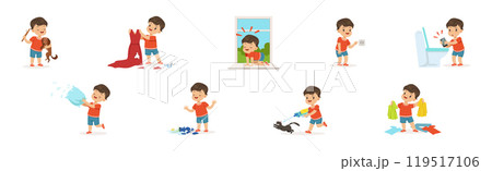 Funny Little Boy Character Playing Game and Making Mess Vector Set Funny Little Boy Character Playing Game and Making Mess Vector Set 119517106