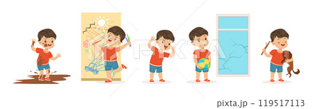 Funny Little Boy Character Playing Game and Making Mess Vector Set 119517113