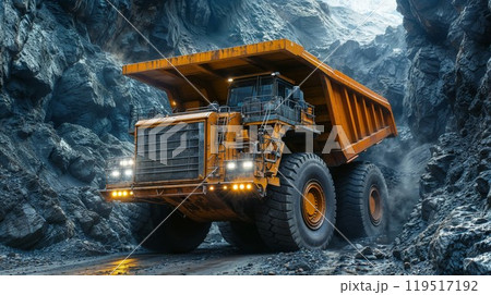 A large orange dump truck drives down a mountain dirt road 119517192
