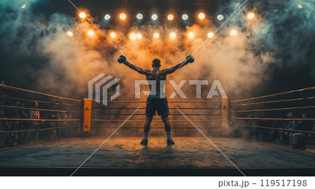 A man stands proudly in the boxing ring, arms outstretched wide 119517198