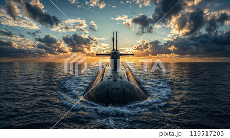 A submarine is currently floating on the surface of a large body of water 119517203