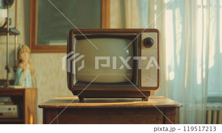 An oldfashioned television is resting atop a wooden table An oldfashioned television is resting atop a wooden table 119517213