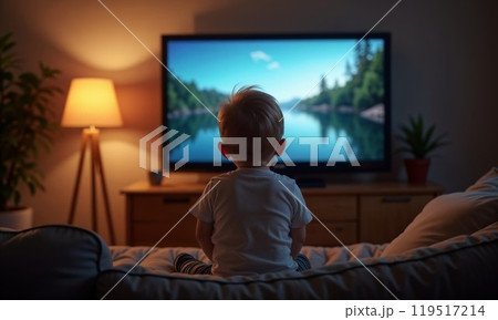 Boy watching television alone in a living room 119517214